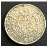 Antique 1916 Sweden 1 Krona Silver Coin Gustav V, 80% Silver