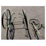 Antique 23.5" Single Wheel Push Plow and Antique Milk Cart with 35.5" Wheels