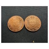 Two Copper 1 oz Rounds Liberty Design