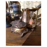 Misc. Decor Lot - Figurines, Engraved Coffee Pot with Handle, Etc.