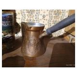 Misc. Decor Lot - Figurines, Engraved Coffee Pot with Handle, Etc.