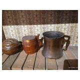 Walnut Bowl, Barrel Cup (Copper?), and 6" Tall Pitcher