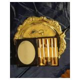 Tray With Vintage Metal Pig Measuring Tape & Makeup Brush Set