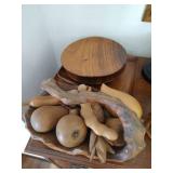 Wooden Basket with Wooden Fruit, Plates, & Trays