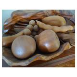 Wooden Basket with Wooden Fruit, Plates, & Trays