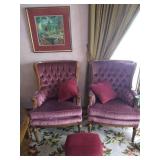 (2) Upholstered Chairs with Throw Pillows, Framed Picture, & Footstool