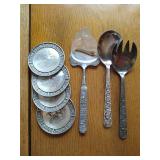 Norwegian Pewter Coasters, Cheese Slicer, & Serving Spoon/Fork Set