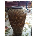 Tall Bamboo Woven Basket & (2) Metal Decorative Vases