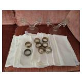 Glass Candlesticks, Cloth Napkins, & (silver-plated?) Napkin Rings