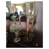 (2) Brass Candlesticks with Snuffers, Cut Glass Lamp, & (2) Glass Candlesticks