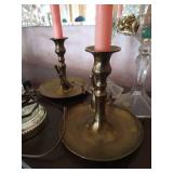 (2) Brass Candlesticks with Snuffers, Cut Glass Lamp, & (2) Glass Candlesticks