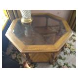 Octagonal Glass-Topped Occasional Table, Glass Lamp, & Framed Wall Art