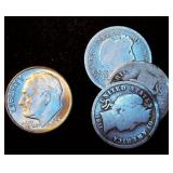 Uncirculated 1959-D Roosevelt Dime + (3) Barber Dimes