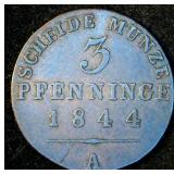 1844-A Kingdom of Prussia 3 Pfenninge, 182 years old, Very Tough Find, KM#449