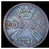 1746 Sweden 2 Ore, Thick Heavy Coin with Oblique Milled Edge, 280 Years Old, KM# 437