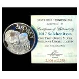 2017 Solzhenitsyn Silver Shield 1oz .999 Round, disOBEY series, #2,006 of 2,255, Proof Like, COA