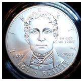 2009 Louis Braille Bicentennial Silver Dollar, Lower Mintage BU, Complete OGP & COA, All Excellent Cond