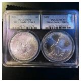 PCGS MS70 2021 Silver Eagle 2 Coin Set, Types 1 and 2, Details