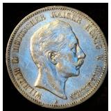 VF/XF 1907 Kingdom of Prussia (German States) Silver Funf Mark, .804 ASW, Original Surfaces