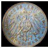 VF/XF 1907 Kingdom of Prussia (German States) Silver Funf Mark, .804 ASW, Original Surfaces