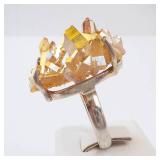Ring - Yellow Crystal Sterling Silver, Yellow Quartz Cluster. Size 8.