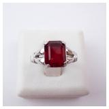 Sterling Silver Ring - Emerald-Cut Red Gemstone, Size 4