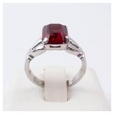 Sterling Silver Ring - Emerald-Cut Red Gemstone, Size 4