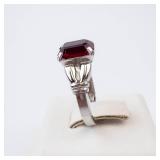 Sterling Silver Ring - Emerald-Cut Red Gemstone, Size 4