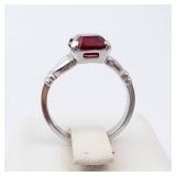 Sterling Silver Ring - Emerald-Cut Red Gemstone, Size 4