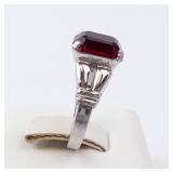Sterling Silver Ring - Emerald-Cut Red Gemstone, Size 4