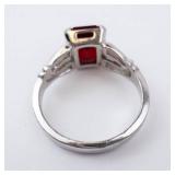 Sterling Silver Ring - Emerald-Cut Red Gemstone, Size 4