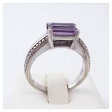 Amethyst Sterling Silver Ring - Size 6.75 - Hallmarked - Beaded Milgrain Band