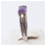 Amethyst Sterling Silver Ring - Size 6.75 - Hallmarked - Beaded Milgrain Band