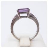 Amethyst Sterling Silver Ring - Size 6.75 - Hallmarked - Beaded Milgrain Band