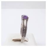 Amethyst Sterling Silver Ring - Size 6.75 - Hallmarked - Beaded Milgrain Band