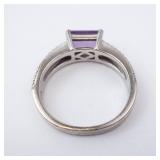Amethyst Sterling Silver Ring - Size 6.75 - Hallmarked - Beaded Milgrain Band
