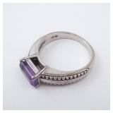 Amethyst Sterling Silver Ring - Size 6.75 - Hallmarked - Beaded Milgrain Band