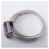 Amethyst Sterling Silver Ring - Size 6.75 - Hallmarked - Beaded Milgrain Band
