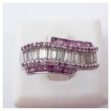 Diamond & Pink Sapphire Sterling Silver Ring - Size 8