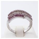 Diamond & Pink Sapphire Sterling Silver Ring - Size 8
