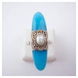 Sterling Silver Turquoise Ring with Pearl Cabochon and Ornate Bezel. Size 9.
