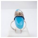 Sterling Silver Turquoise Ring with Pearl Cabochon and Ornate Bezel. Size 9.