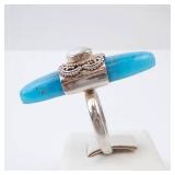 Sterling Silver Turquoise Ring with Pearl Cabochon and Ornate Bezel. Size 9.