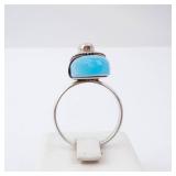 Sterling Silver Turquoise Ring with Pearl Cabochon and Ornate Bezel. Size 9.