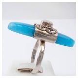 Sterling Silver Turquoise Ring with Pearl Cabochon and Ornate Bezel. Size 9.