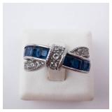 Blue & White Twist Silver Ring - Size 7.25