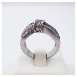 Blue & White Twist Silver Ring - Size 7.25