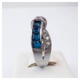 Blue & White Twist Silver Ring - Size 7.25