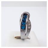 Blue & White Twist Silver Ring - Size 7.25