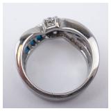 Blue & White Twist Silver Ring - Size 7.25